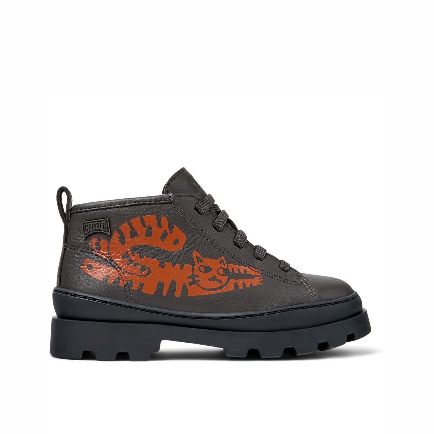 Picture of CAMPER KIDS BRUTUS LEATHER ANKLE BOOTS IN DARK GREY