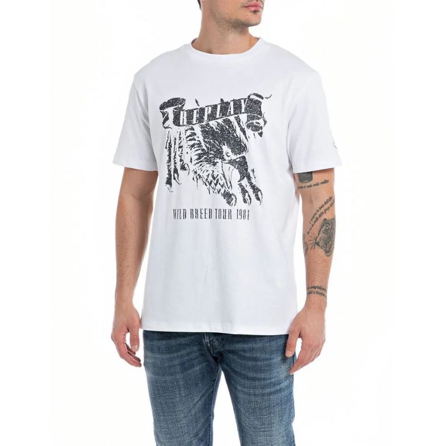 Picture of REPLAY MEN'S T-SHIRT WITH TOUR 1981 PRINT IN WHITE