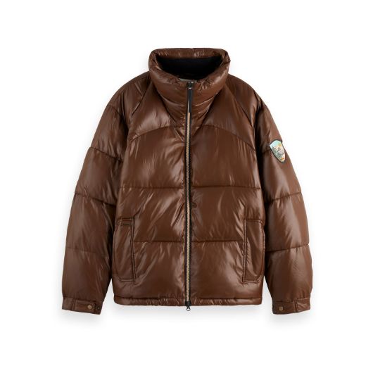 Показвай детайлите за SCOTCH&SODA MEN'S LACQUER PUFFER JACKET IN DARK BROWN 1 - FanPoint Снимка на SCOTCH&SODA MEN'S LACQUER PUFFER JACKET IN DARK BROWN 1