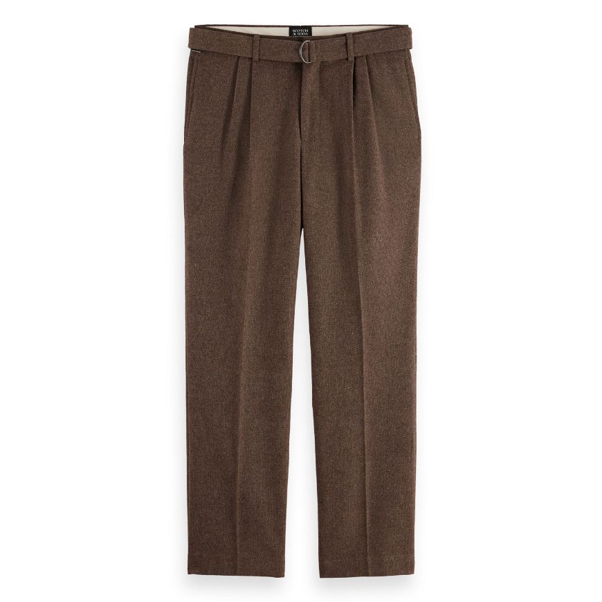 Снимка на SCOTCH&SODA MEN'S YARN-DYED WOOL BLEND RELAXED STRAIGHT PLEATED CHINO IN DARK BROWN