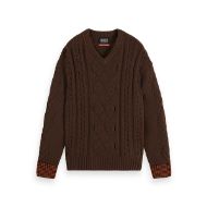 Снимка на SCOTCH&SODA MEN'S V-NECK CHUNKY CABLE LOOSE FIT PULLOVER IN DARK BROWN 1