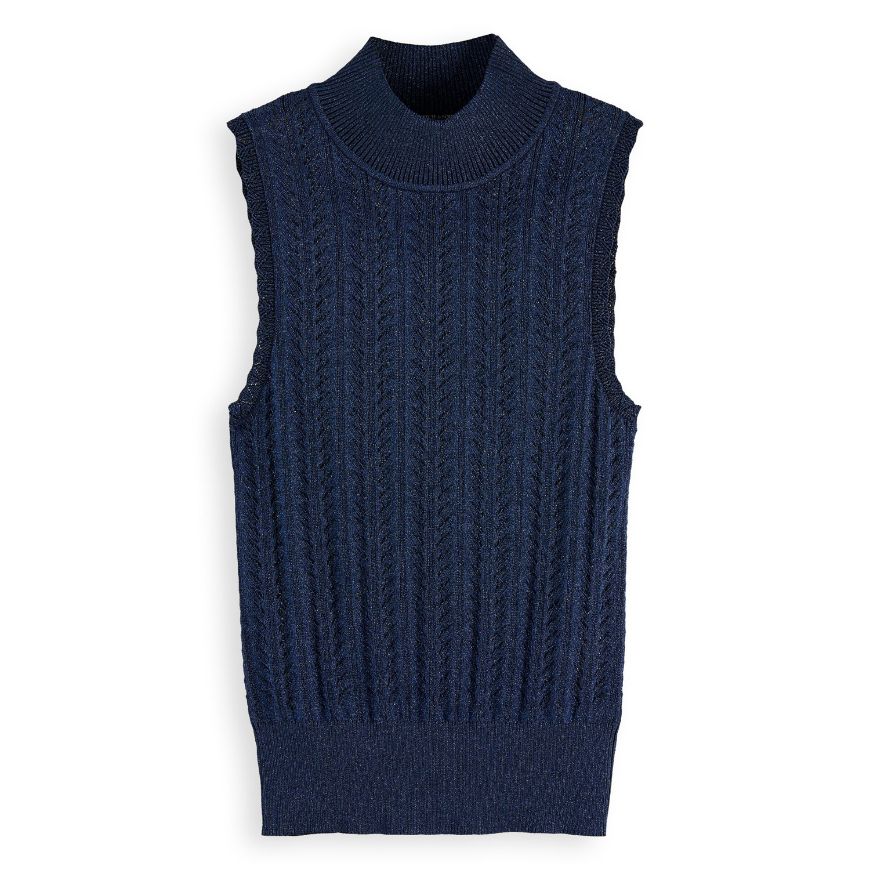 Снимка на SCOTCH&SODA WOMEN'S METALLIC POINTELLE KNITTED TANK IN METEORITE/PEACOAT METALLIC