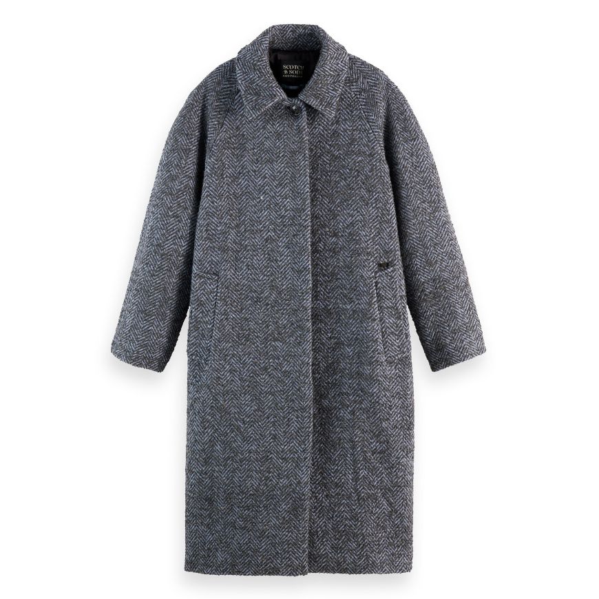Picture of SCOTCH&SODA WOMEN'S WOOL BLEND CARCOAT IN CHARCOAL/ FADED DENIM HERRINGBONE