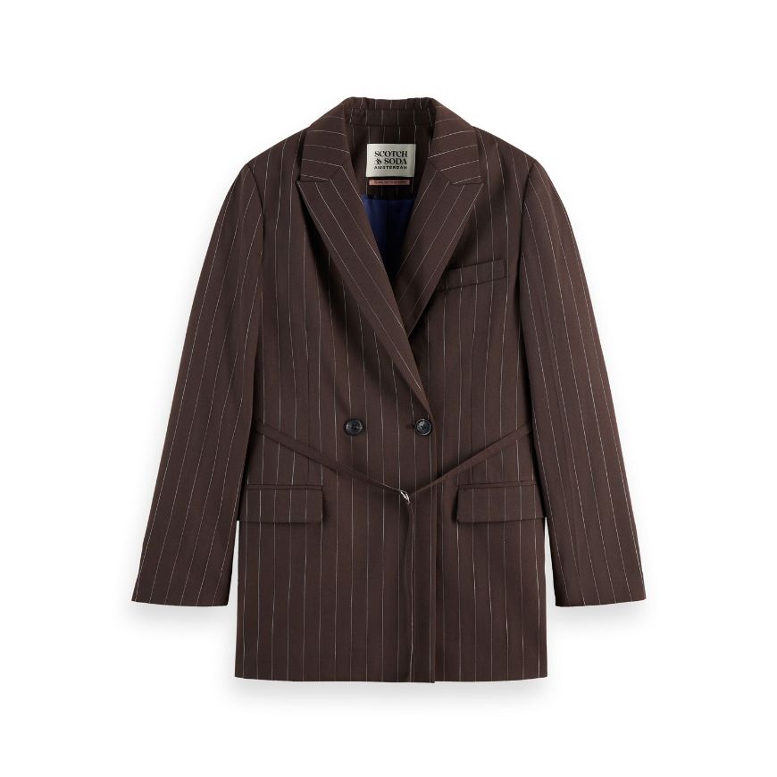 Снимка на SCOTCH&SODA WOMEN'S DOUBLE BREASTED LUREX PINSTRIPE BLAZER IN CHOCOLATE PLUM