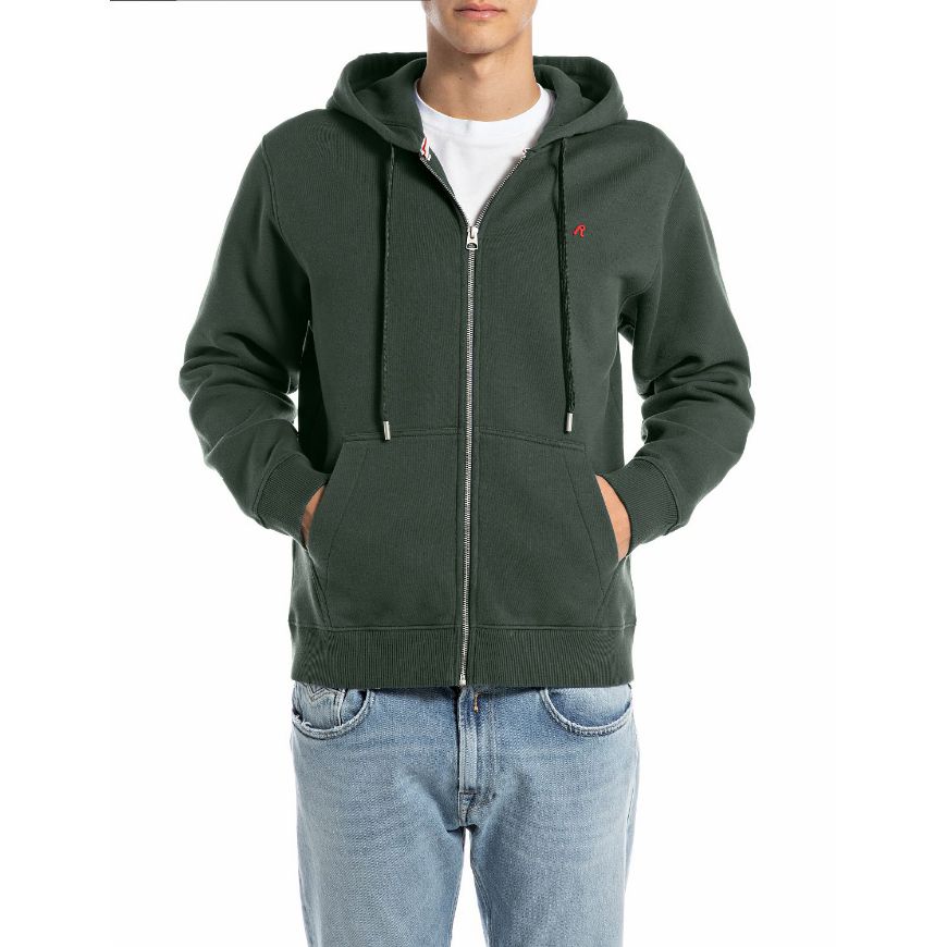 Picture of REPLAY MEN'S FULL-ZIP HOODY WITH LOGO IN BOTTLE GREEN