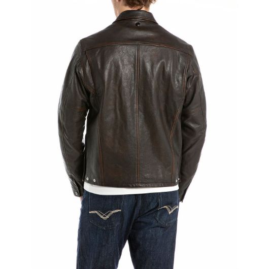 Show details for REPLAY MEN'S WAXED LEATHER JACKET IN BROWN 2 - FanPoint Picture of REPLAY MEN'S WAXED LEATHER JACKET IN BROWN 2