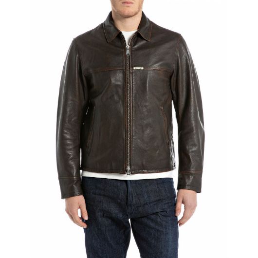 Show details for REPLAY MEN'S WAXED LEATHER JACKET IN BROWN 1 - FanPoint Picture of REPLAY MEN'S WAXED LEATHER JACKET IN BROWN 1