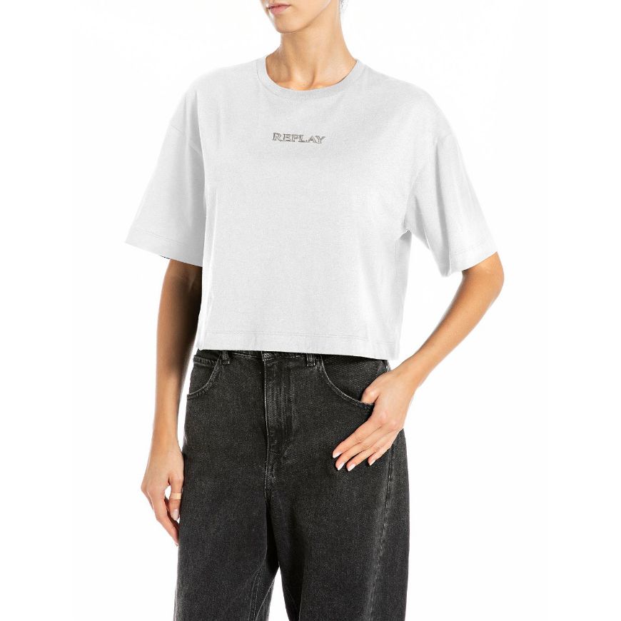 Снимка на REPLAY ДАМСКА БЛУЗА CROPPED OVERSIZED ТОП С ЛОГО В БЯЛО