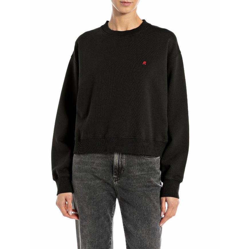 Picture of REPLAY WOMEN'S CROPPED SWEATSHIRT WITH EMBROIDERY IN BLACK