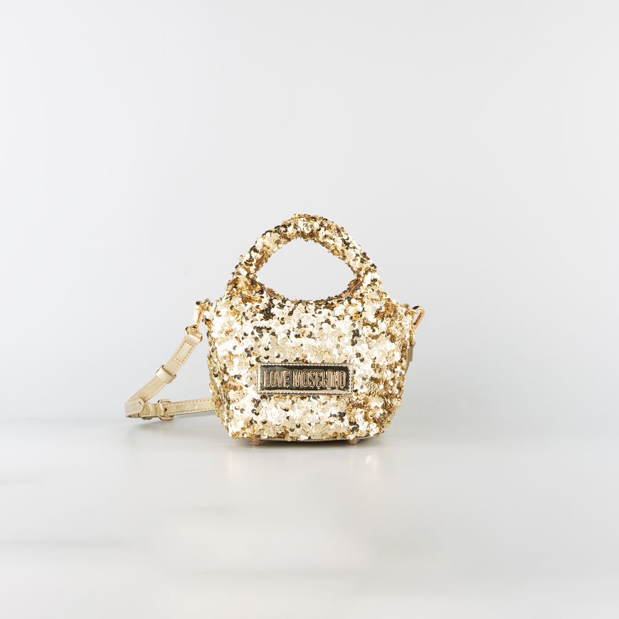 Снимка на LOVE MOSCHINO БЛЕСТЯЩА МИНИ ДАМСКА ЧАНТА С ПАЙЕТИ В ЗЛАТИСТО