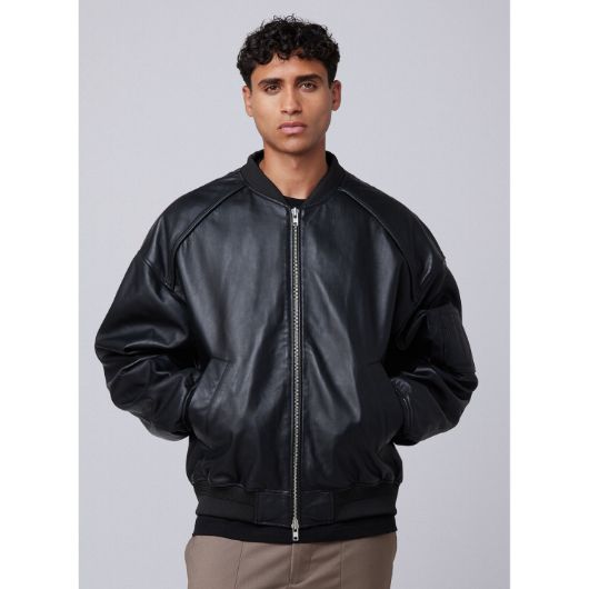 Show details for OTP MEN'S LEATHER PADDED BOMBER JACKET IN BLACK 3 - FanPoint Picture of OTP MEN'S LEATHER PADDED BOMBER JACKET IN BLACK 3