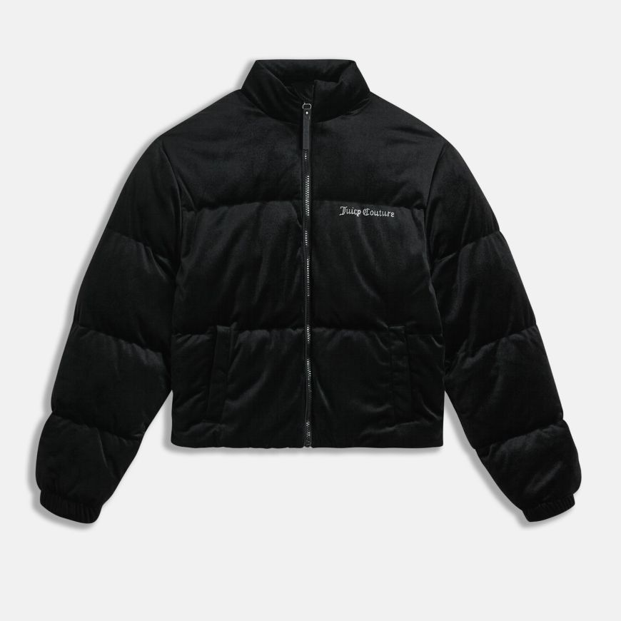 Picture of JUICY COUTURE WOMEN'S MARGO VELOUR PUFFER JACKET WITH JUICY DIAMANTE LOGO IN BLACK