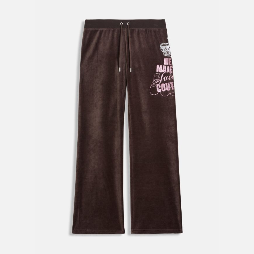 Picture of JUICY COUTURE WOMEN'S LOW RISE TRACKPANTS WITH HER MAJESTY GLITTER PRINT IN BROWN