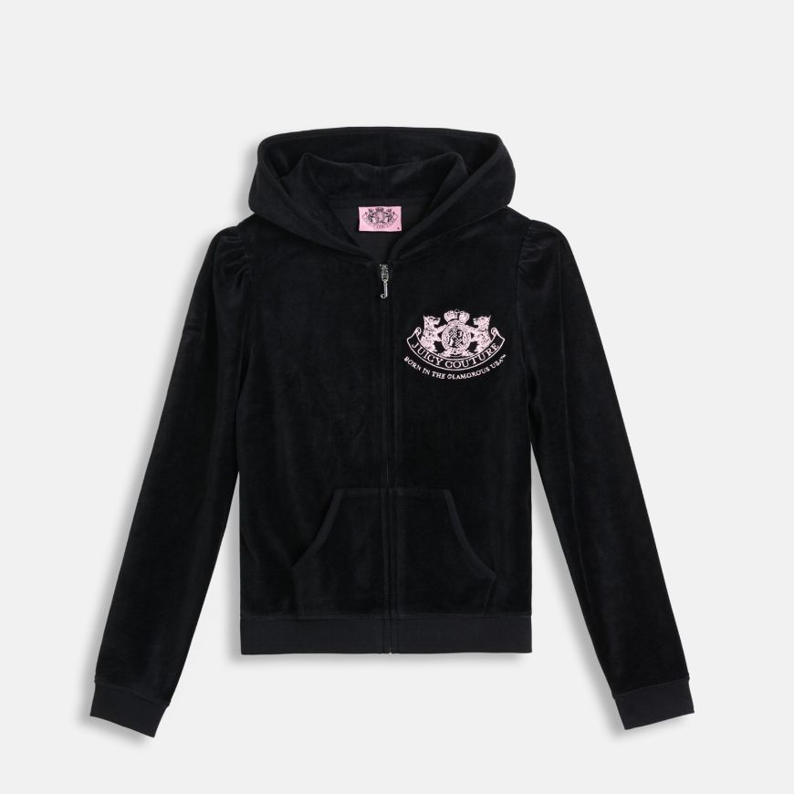 Picture of JUICY COUTURE WOMEN'S VELOUR SLIM FIT HOODIE WITH DOG CREST EMBROIDERY IN BLACK