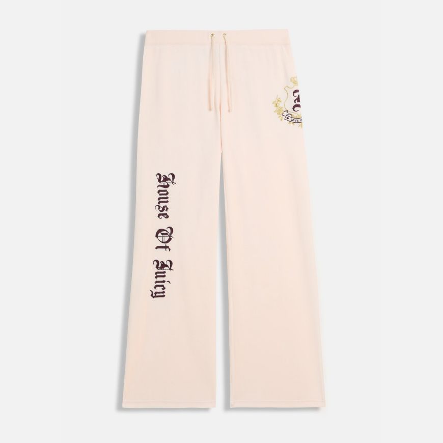 Picture of JUICY COUTURE WOMEN'S VELOUR ULTRA LOW RISE TRACKPANTS WITH HOUSE OF JUICY EMBROIDERY IN PINK
