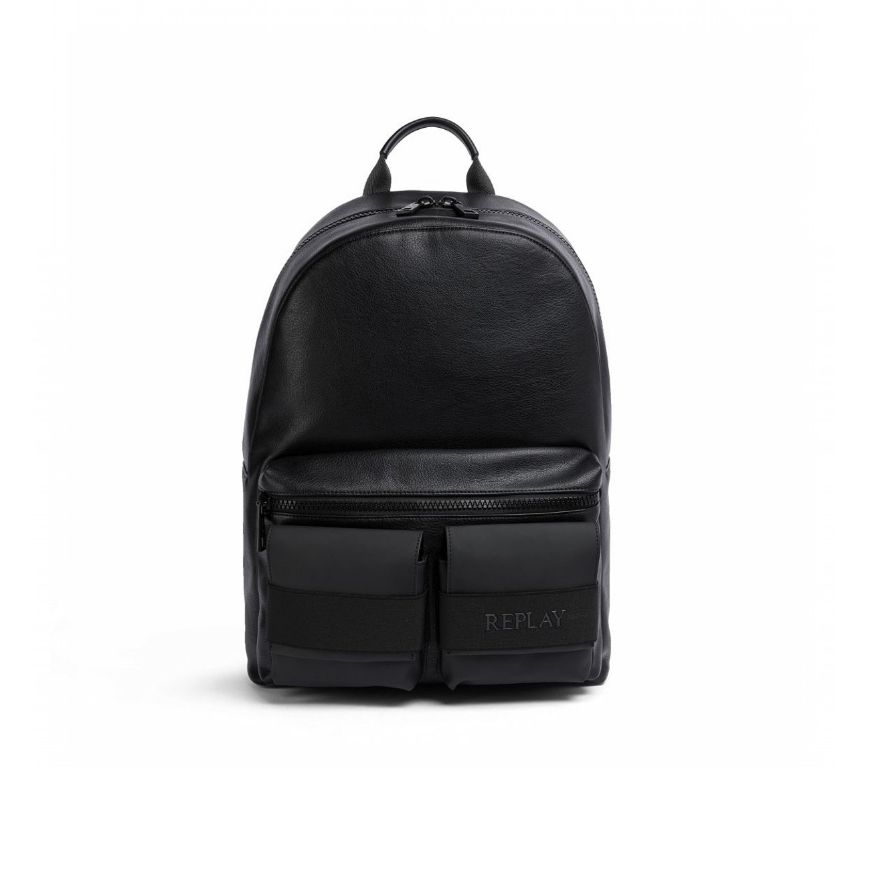 Picture of REPLAY MEN'S WRINKLED PU BACKPACK WITH RUBBER FLAP POCKETS IN BLACK