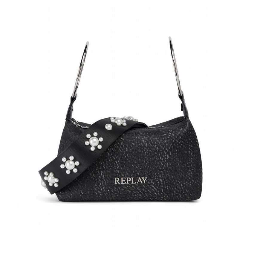 Picture of REPLAY WOMEN'S BAG IN HAMMERED DENIM WITH PEARLS ON THE STRAP IN WASHED BLACK