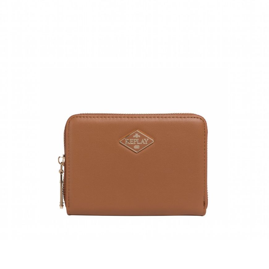 Picture of REPLAY WOMEN'S ZIP AROUND PURSE WITH DIAMOND LOGO IN CARAMEL CAFE