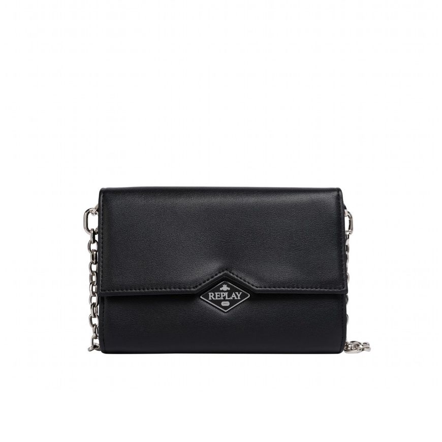 Picture of REPLAY WOMEN'S FLAP WALLET WITH DIAMOND LOGO AND CHAIN IN BLACK