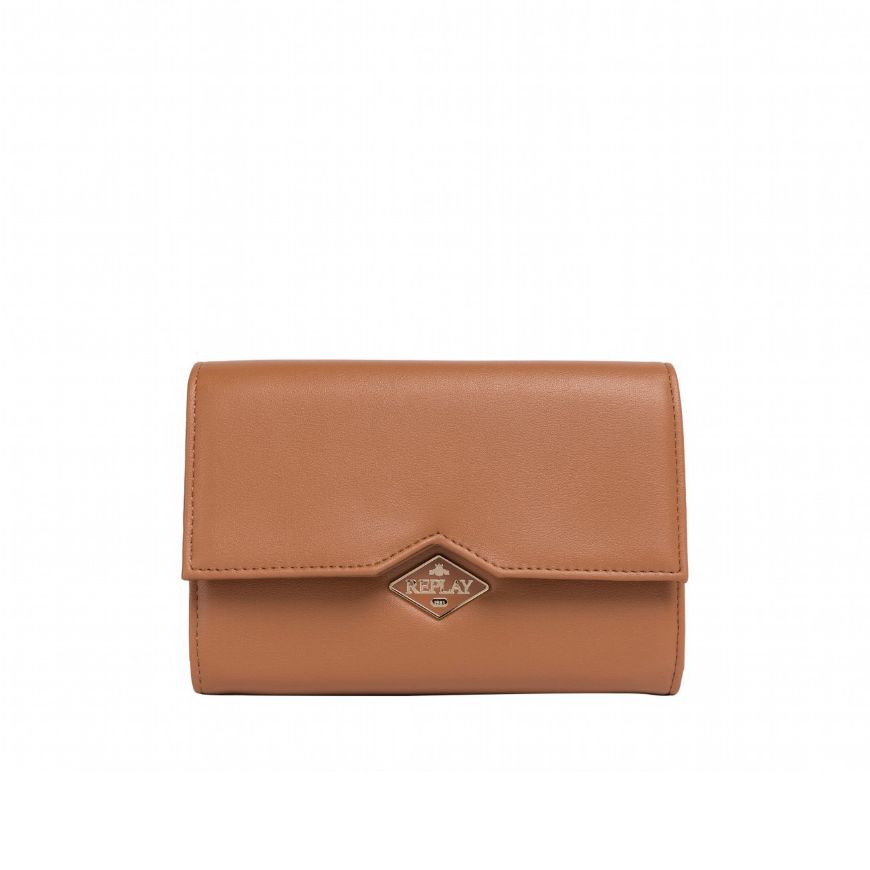 Picture of REPLAY WOMEN'S FLAP WALLET WITH DIAMOND LOGO AND CHAIN IN CARAMEL CAFE