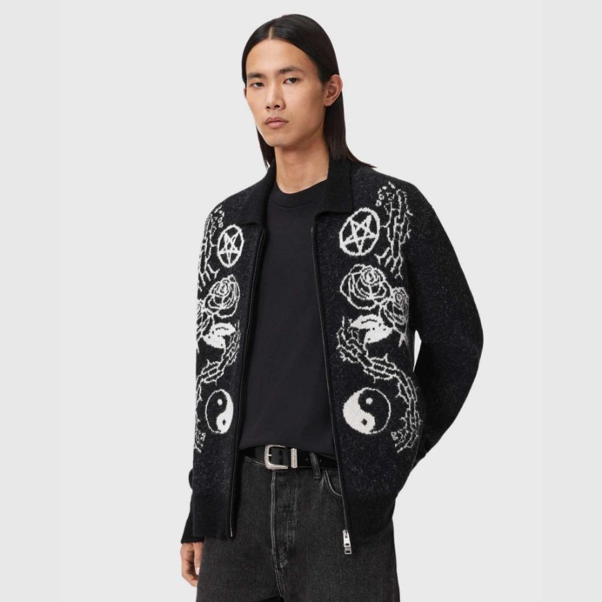 Picture of ALLSAINTS MEN'S WARNER CARDIGAN IN CINDER BLACK/WHITE