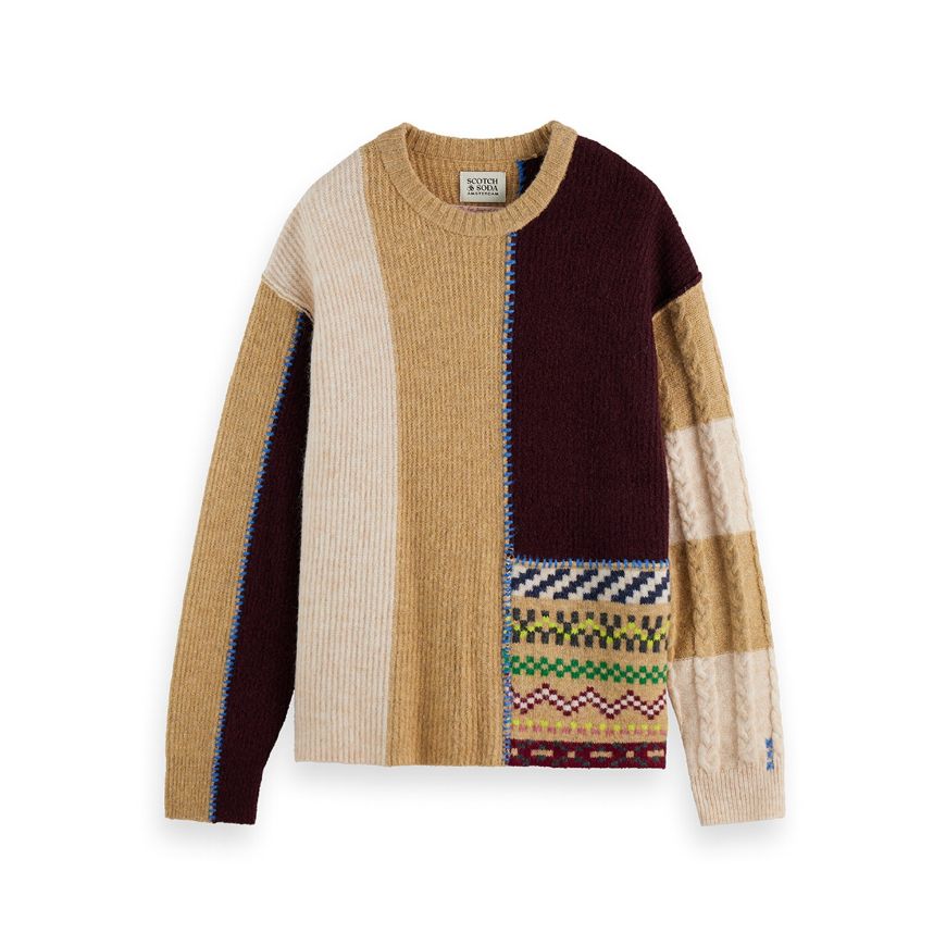 Picture of SCOTCH&SODA MEN'S LOOSE FIT PATCHWORK PULLOVER IN MEDIUM BROWN