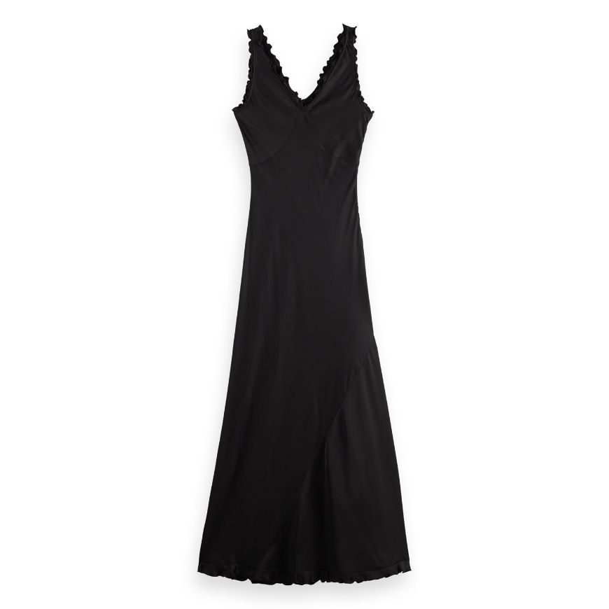 Picture of SCOTCH&SODA WOMEN'S MAXI SLIP DRESS WITH RUFFLED EDGES IN METEORITE