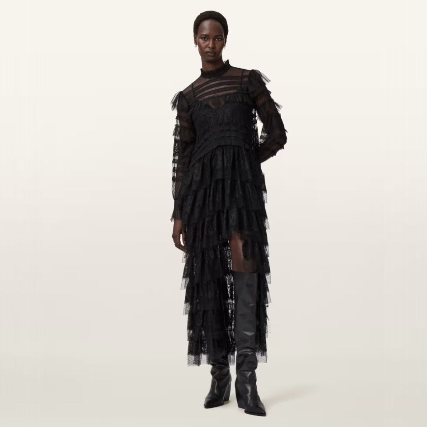 Picture of ALLSAINTS WOMEN'S CAVARLY LONG SLEEVE MAXI DRES IN LACE BLACK