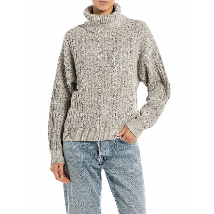 Picture of REPLAY WOMEN'S TURTLE-NECK COTTON JUMPER IN WHITE BLACK