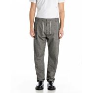 Picture of REPLAY MEN'S TAPARED-FIT HERRINGBONE TROUSERS IN BLACK AND NATURAL WHITE 1