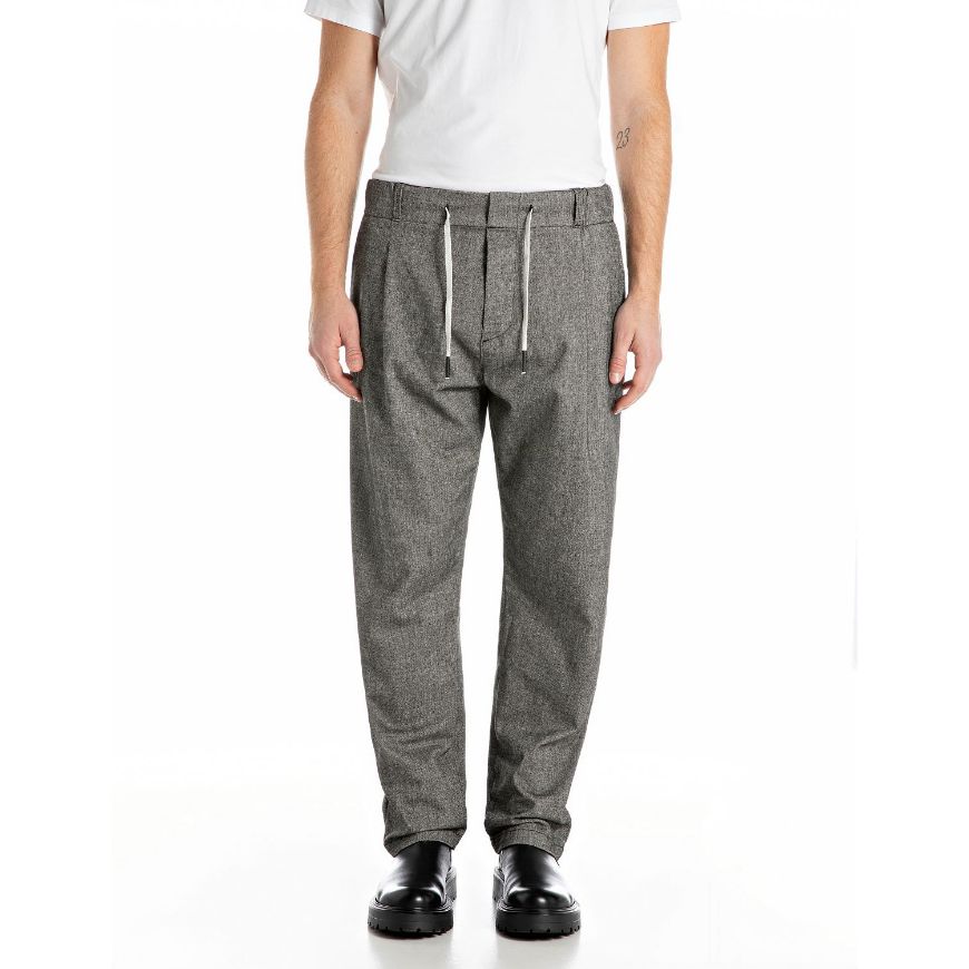 Picture of REPLAY MEN'S TAPARED-FIT HERRINGBONE TROUSERS IN BLACK AND NATURAL WHITE