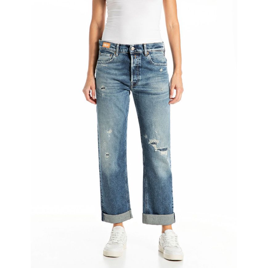 Picture of REPLAY WOMEN'S AUBRY BOY-FIT JEANS 11 OZ COMFORT BLUE DENIM IN MEDIUM BLUE