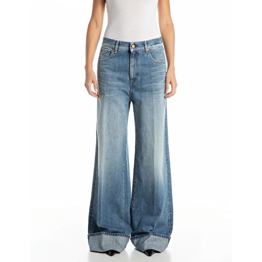 Picture of REPLAY WOMEN'S NALAJA WIDE LEG FIT 11 OZ INDIGO COTTON DENIM IN MEDIUM BLUE