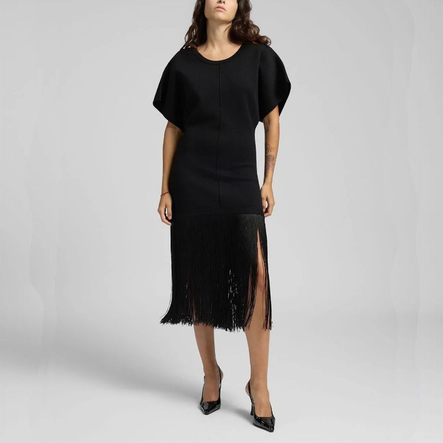 Picture of REPLAY WOMEN'S FRINGED MIDI DRESS IN BLACK