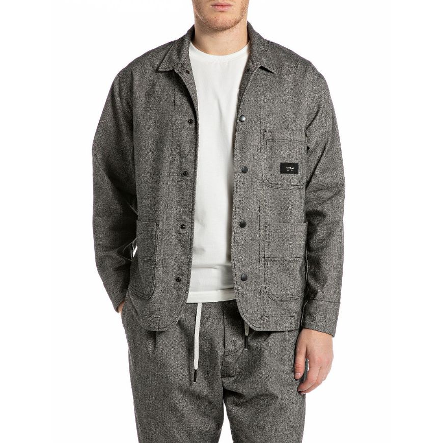 Picture of REPLAY MEN'S HERRINGBONE BUTTONED JACKET IN BLACK/NATURAL WHITE