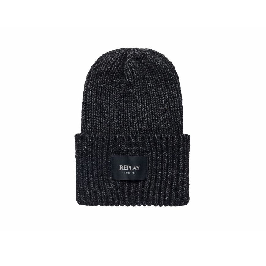 Picture of REPLAY UNISEX PREMIUM SELECTION KNIT BLEND BEANIE IN WASHED BLACK