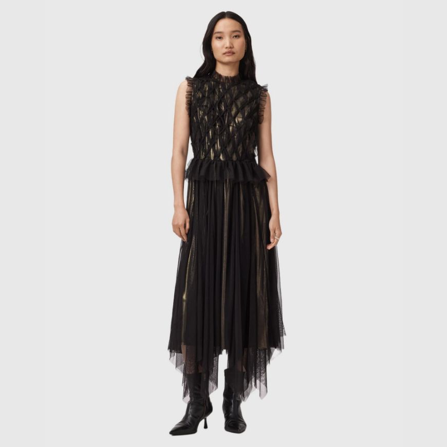Picture of ALLSAINTS WOMEN'S LOLA TULLE DRESS IN METALLIC GOLD