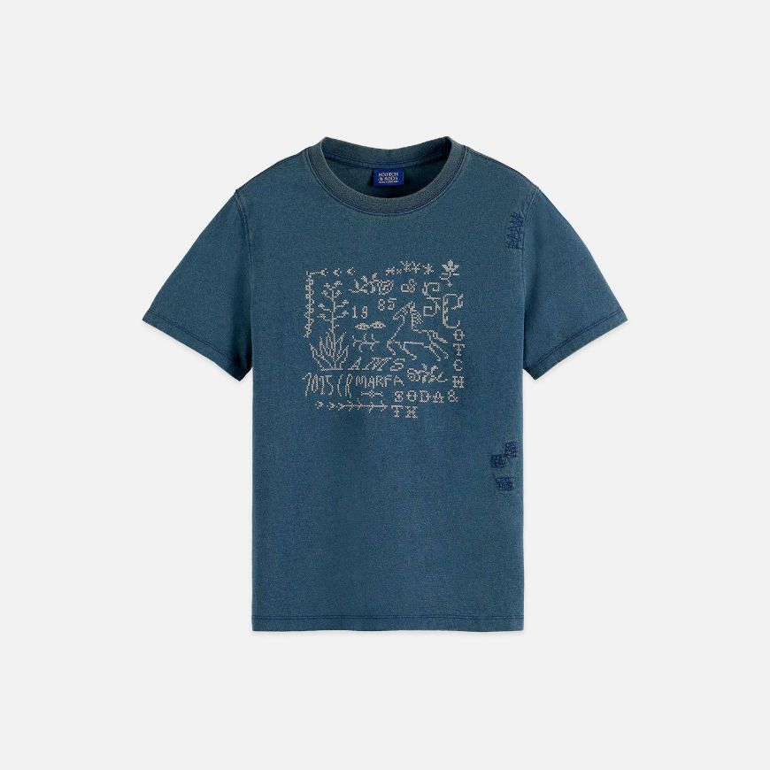 Picture of SCOTCH&SODA WOMEN'S INDIGO GRAPHIC REGULAR FIT T-SHIRT IN INDIGO