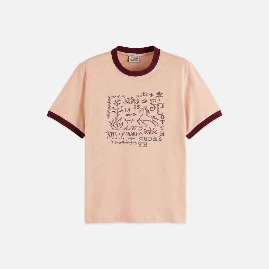 Picture of SCOTCH&SODA WOMEN'S EMBROIDERED RINGER REGULAR FIT T-SHIRT IN ROSE DUST