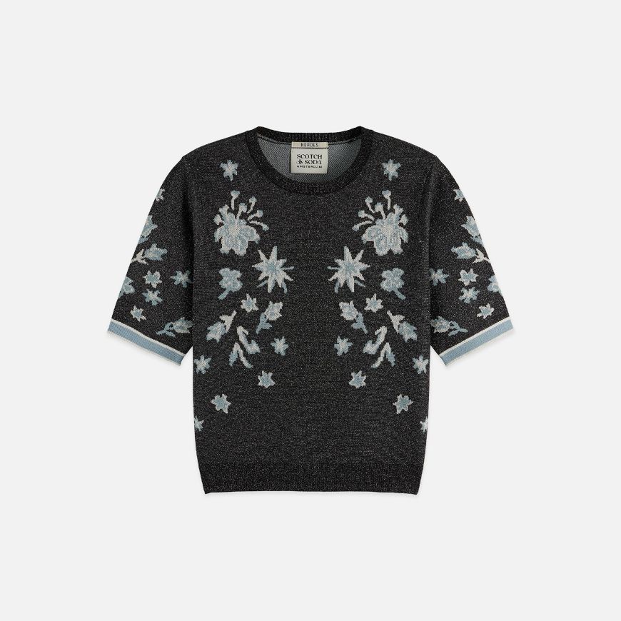 Picture of SCOTCH&SODA WOMEN'S 40 YEARS JACQUARD SHORT SLEEVE PULLOVER IN METEORITE