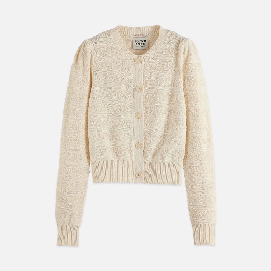 Picture of SCOTCH&SODA WOMEN'S BOUCLÉ STRIPE CREW NECK CARDIGAN IN EGGNOG