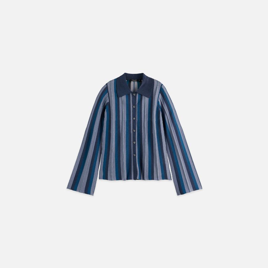 Picture of SCOTCH&SODA WOMEN'S PLEATED STRIPE COLLARED CARDIGAN IN CARBON