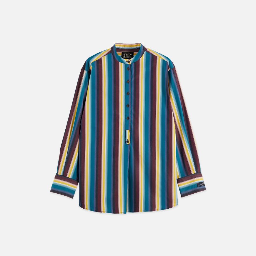 Picture of SCOTCH&SODA WOMEN'S RELAXED STRIPED SHIRT IN EL COSMICO STRIPE DEEP LAGOON