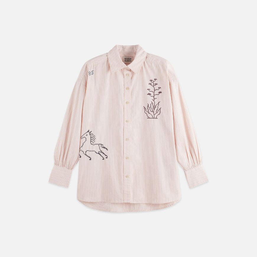 Picture of SCOTCH&SODA WOMEN'S EMBROIDERY GIRLFRIEND SHIRT IN ROSE DUST STRIPE