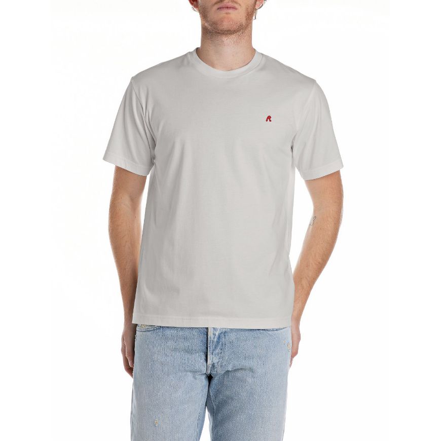 Picture of REPLAY MEN'S JERSEY T-SHIRT WITH RED R LOGO IN PEARL GREY