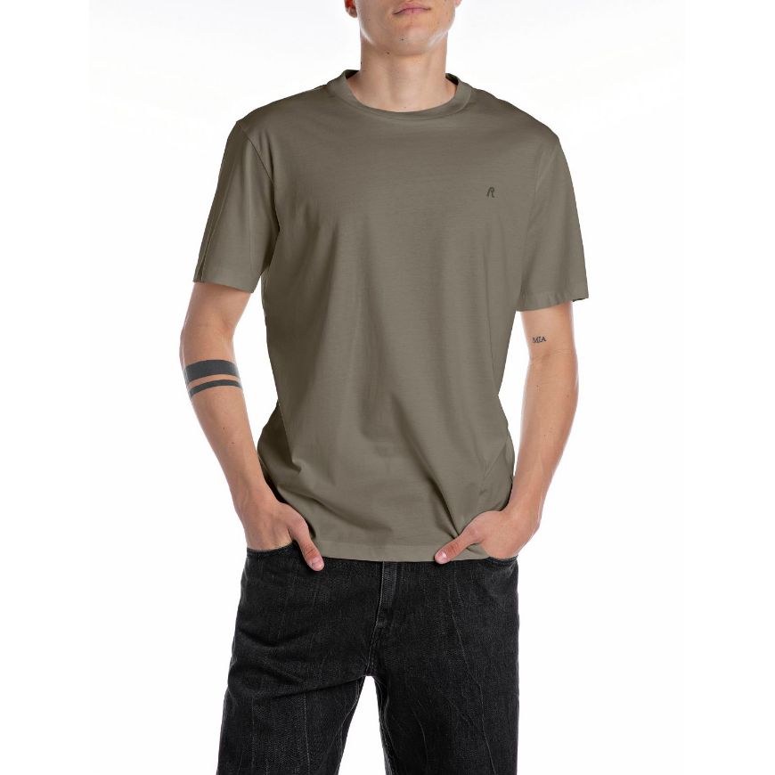 Picture of REPLAY MEN'S JERSEY T-SHIRT WITH R LOGO IN MUD GREEN