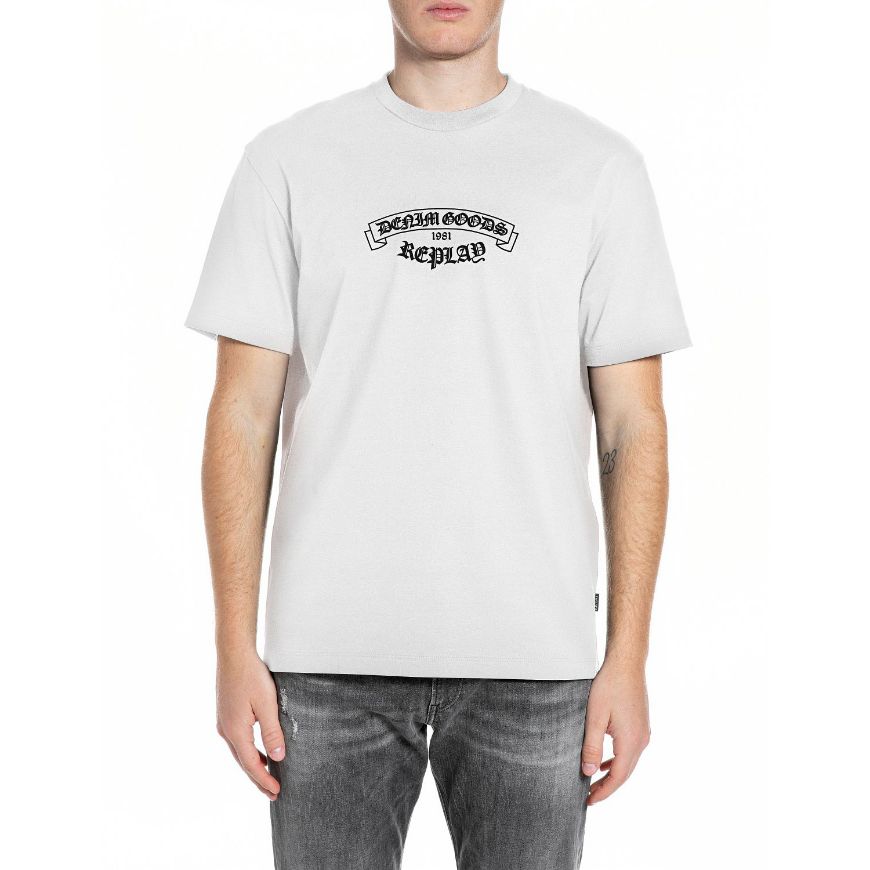 Picture of REPLAY MEN'S DENIM GOODS PRINT T-SHIRT IN NATURAL WHITE