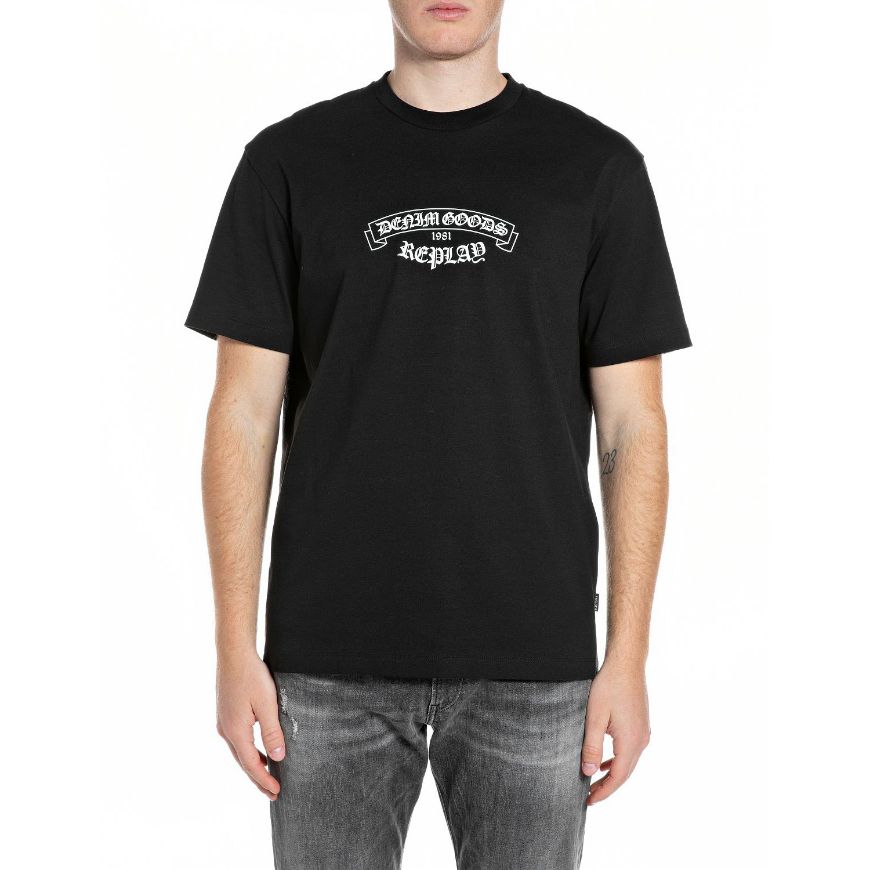 Picture of REPLAY MEN'S DENIM GOODS PRINT T-SHIRT IN BLACK