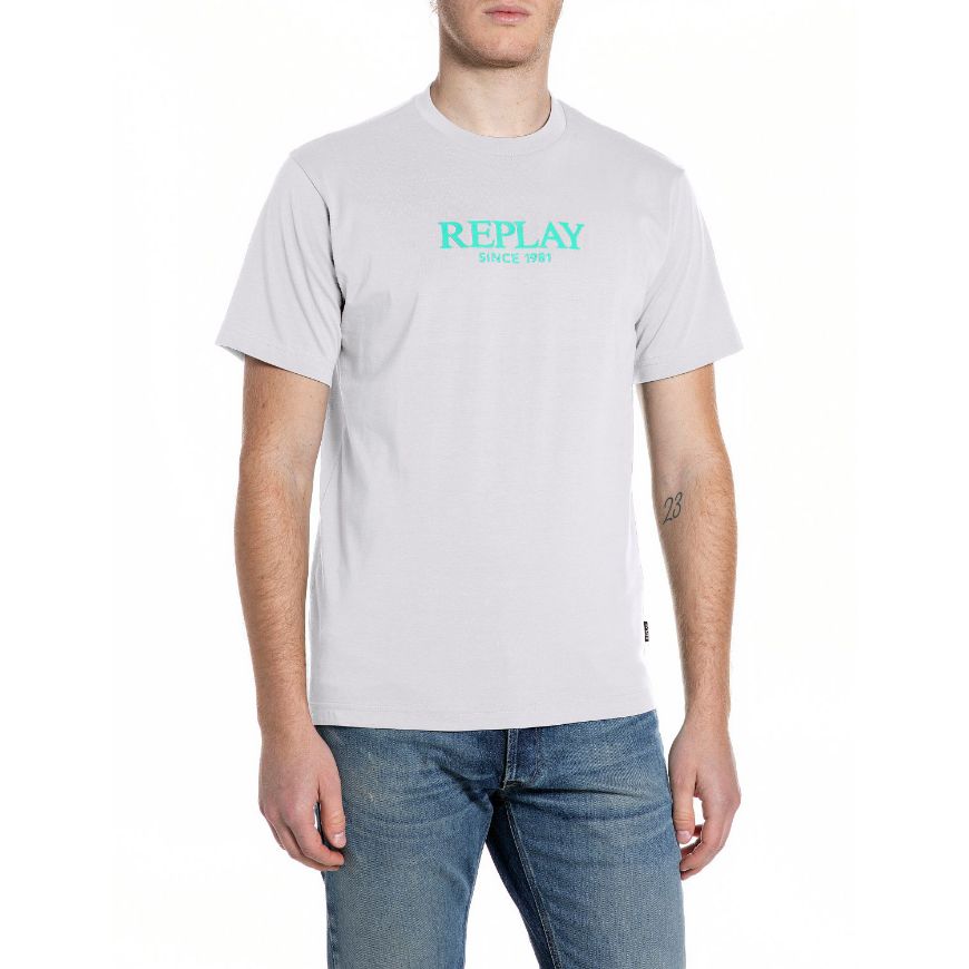 Picture of REPLAY MEN'S JERSEY T-SHIRT WITH BIG REPLAY PRINT IN NATURAL WHITE