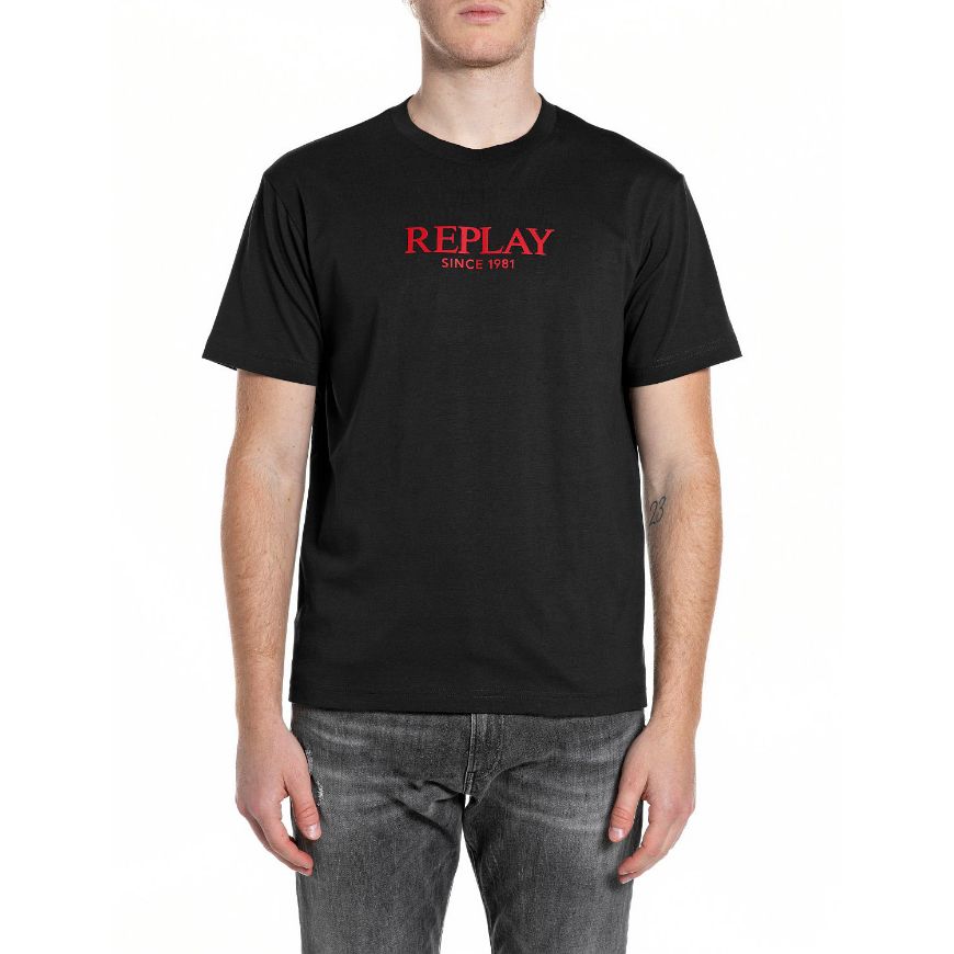 Picture of REPLAY MEN'S JERSEY T-SHIRT WITH BIG REPLAY PRINT IN BLACK